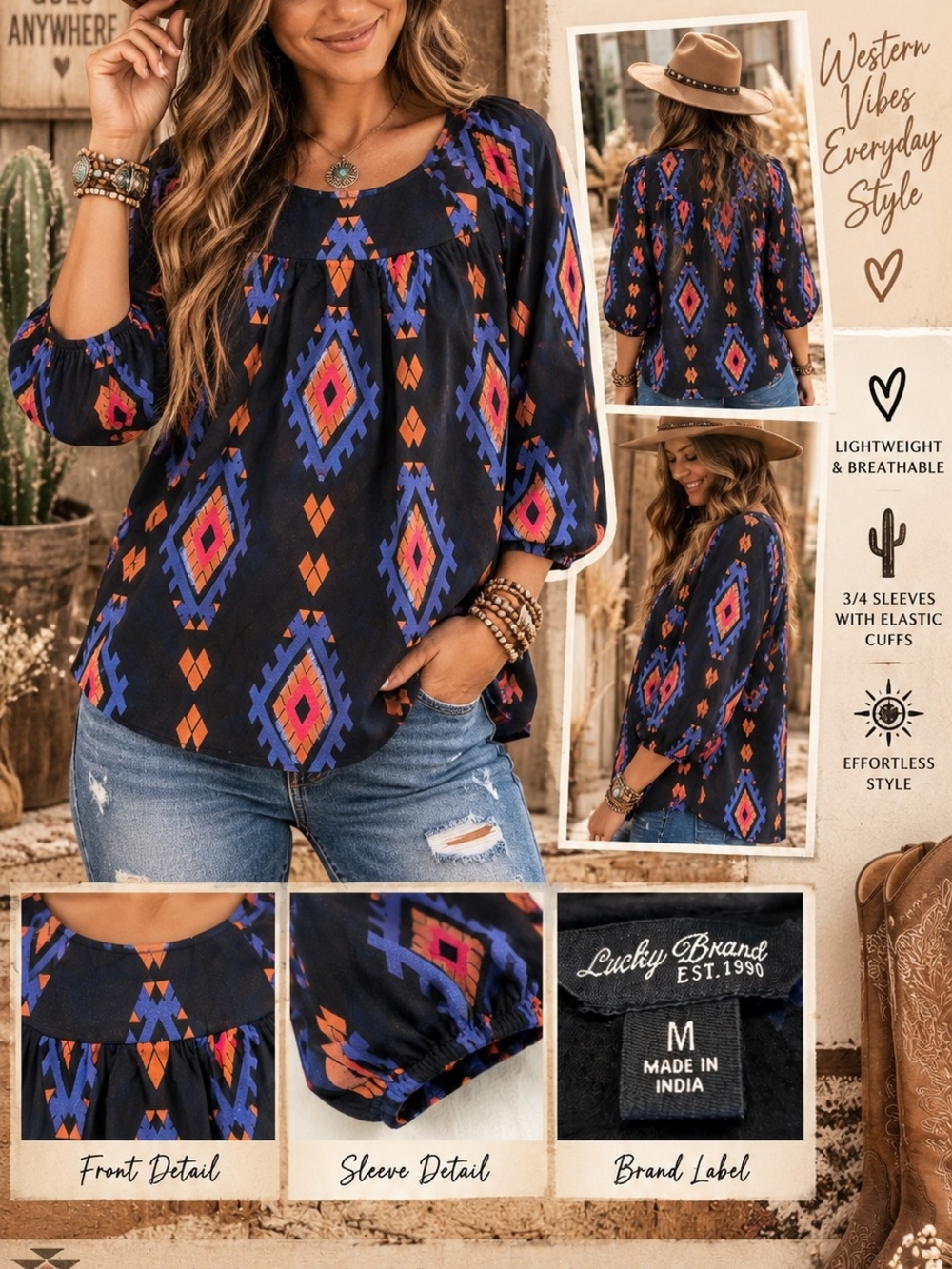 Lucky Brand Black Aztec Print 3/4 Sleeve Peasant Top